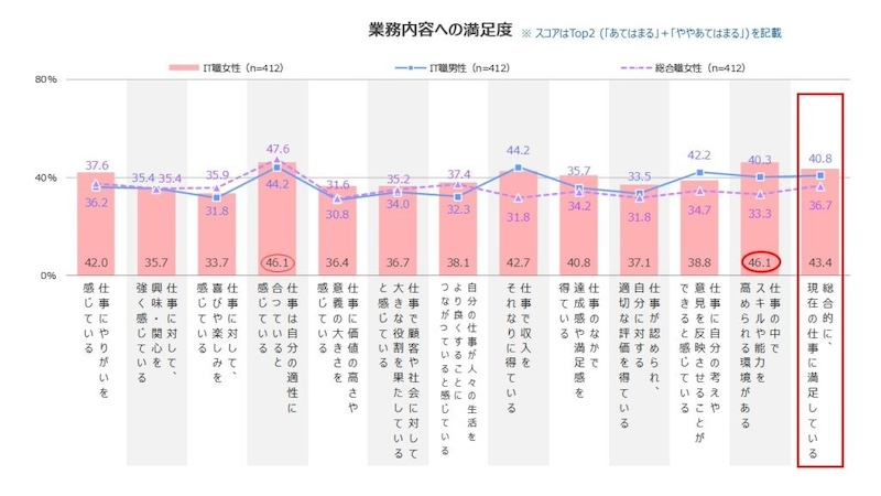 業務内容への満足度　総合職よりIT職で高い結果に